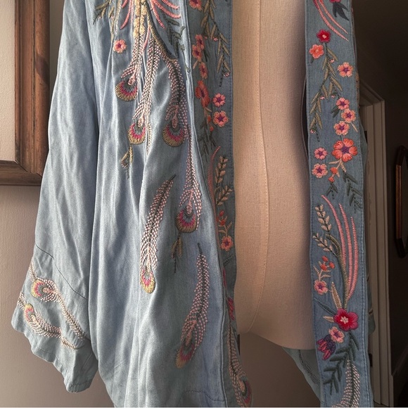 Johnny Was Workshop Embroidered Kimono Coat Medium Light Blue Pink Green - Picture 6 of 16